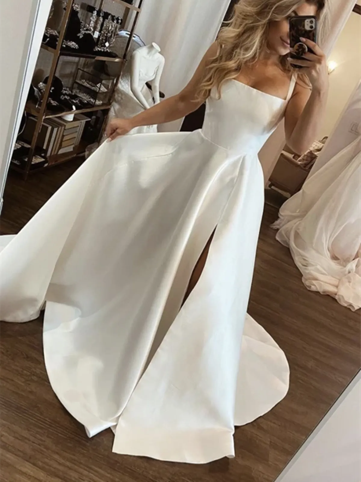 Elegant A-Line Long White Satin Prom Dresses, Formal Evening Gowns