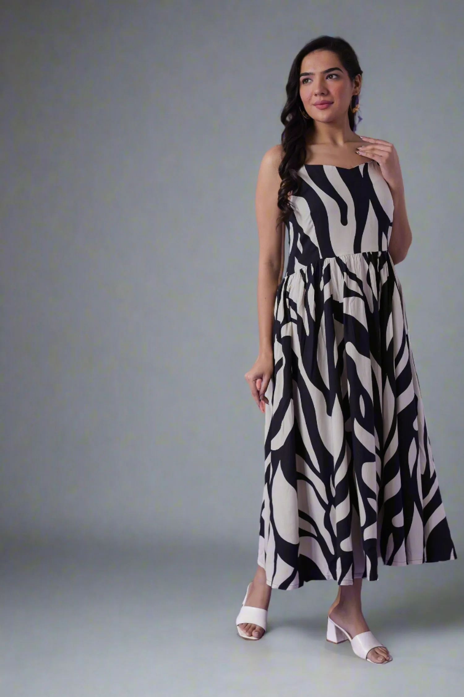 Abstract Black & White Print Muslin Dress