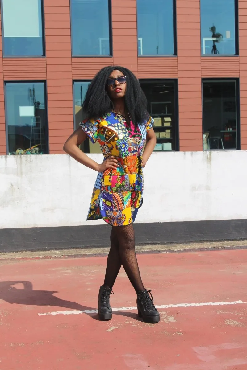 African Patchwork Dress, Shift Dress in Black Ankara Print - Festival Dress