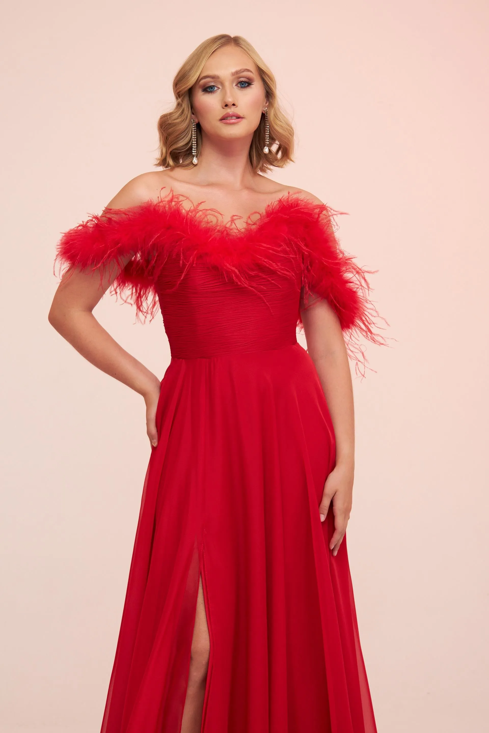 Angelino Red Chiffon Feathered Slit Long Evening Dress