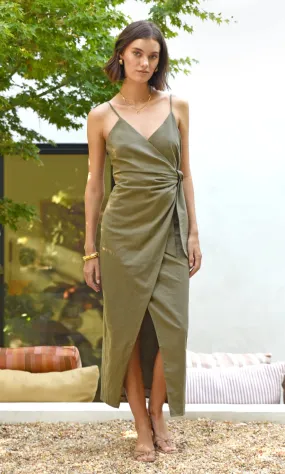 Aniston Wrap Tie Dress Linen Slip ~ Deep Olive