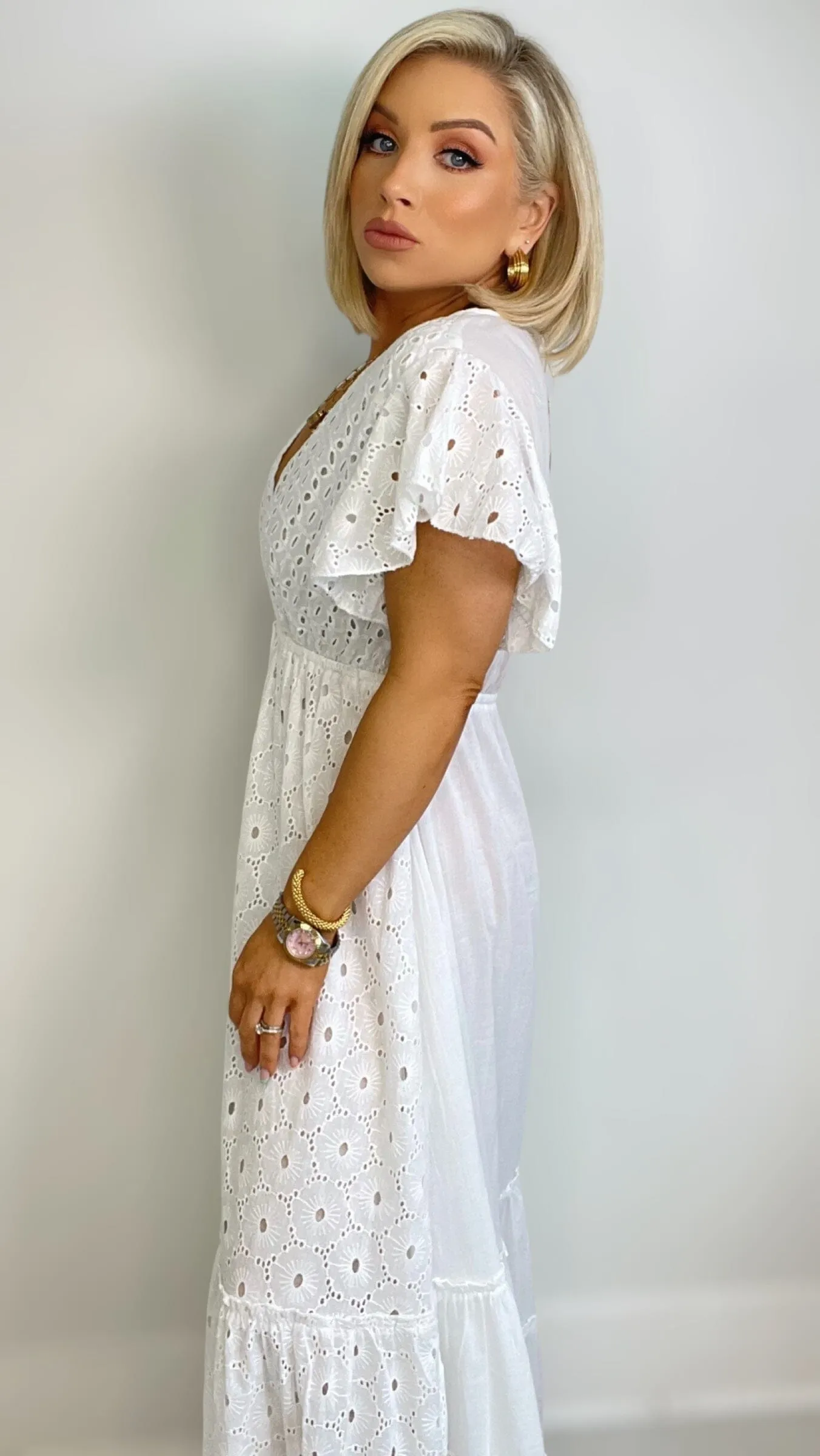 ANTIGUA COTTON ANGLAISE DRESS - WHITE