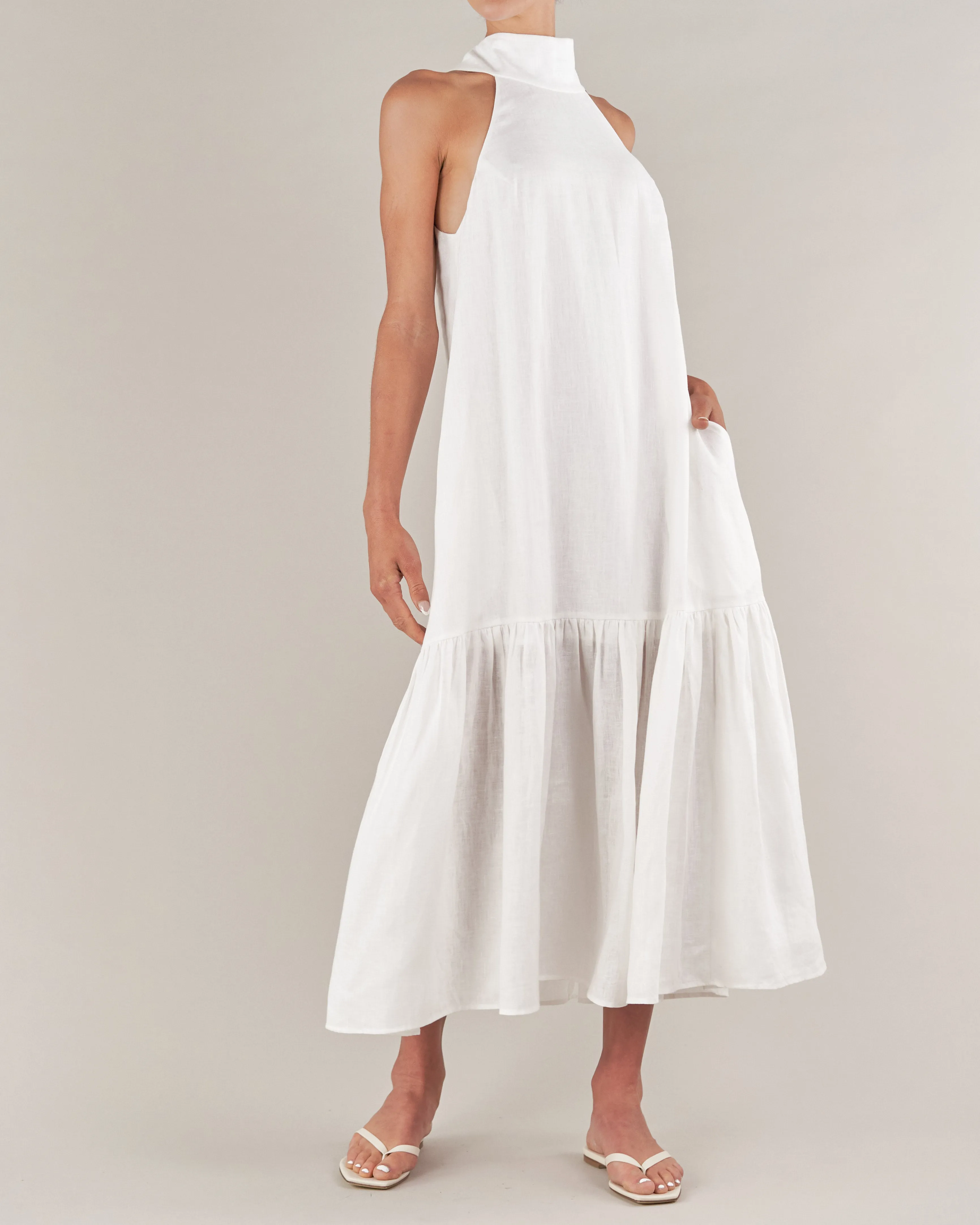 Aruba Linen Tie-Neck Dress - White