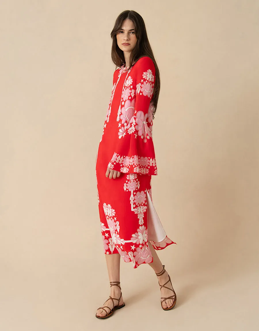 Astoria Crepe Midi Dress - Geo Flower Red - SALE