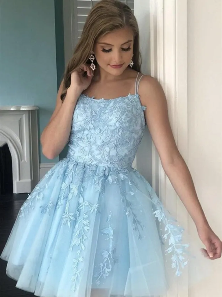 Backless Short Blue Lace Prom Dresses, Short Blue Lace Graduation Homecoming Dresses