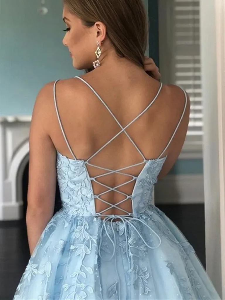 Backless Short Blue Lace Prom Dresses, Short Blue Lace Graduation Homecoming Dresses