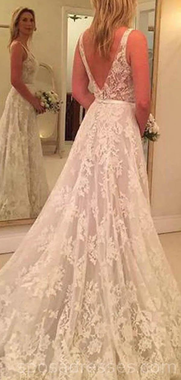 Backless V Neck A-line Lace Cheap Long Wedding Dresses Online, Cheap Bridal Dresses, WD523