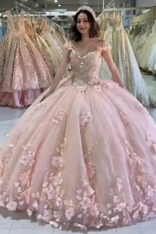 Ball Gown Pink 3D Flowers Off The Shoulder Quinceanera Dresses, Sweet 16 Dresses SH552