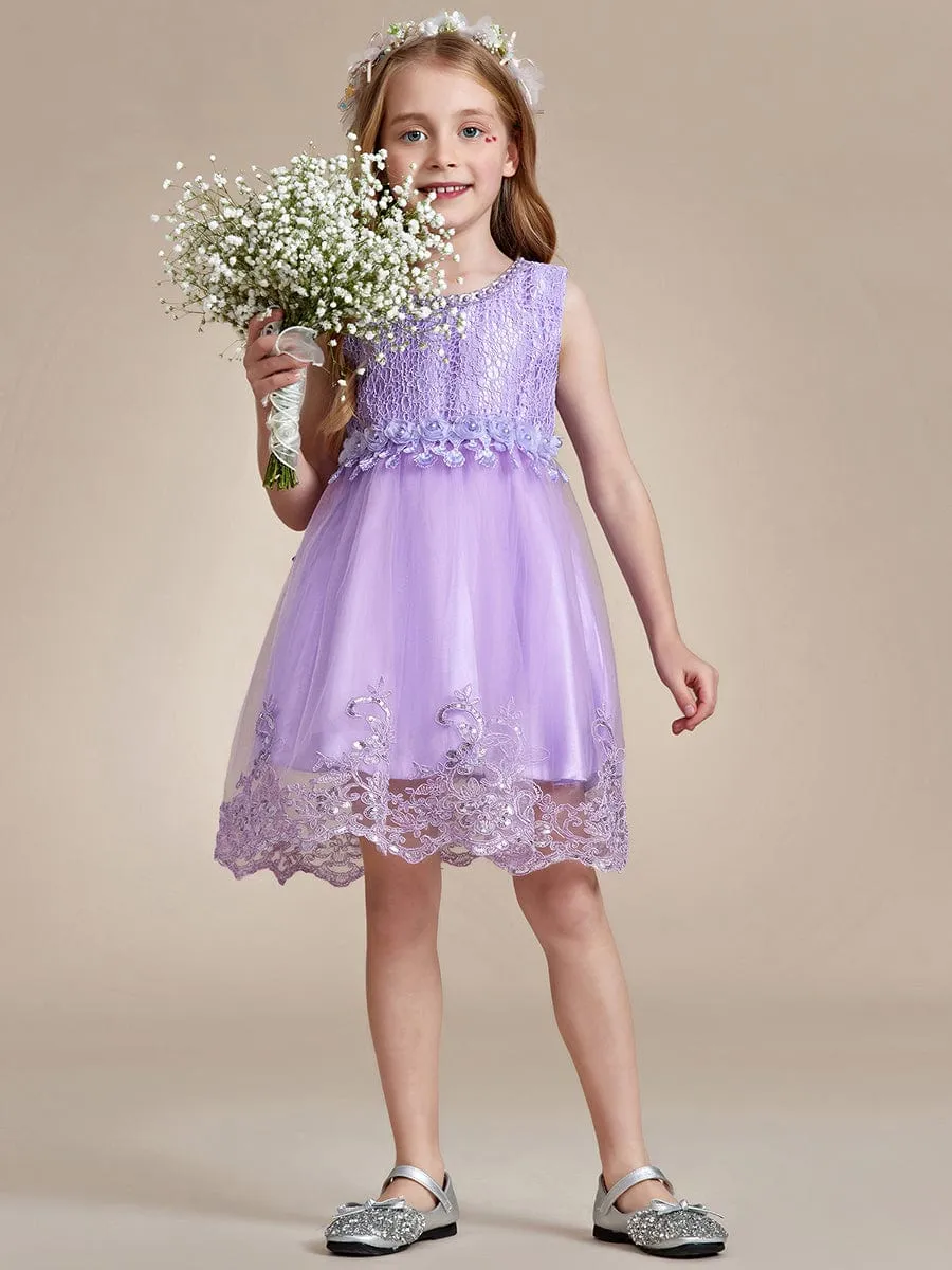 Beaded Lace Applique Sleeveless Flower Girl Dress With Back Bow-Knot