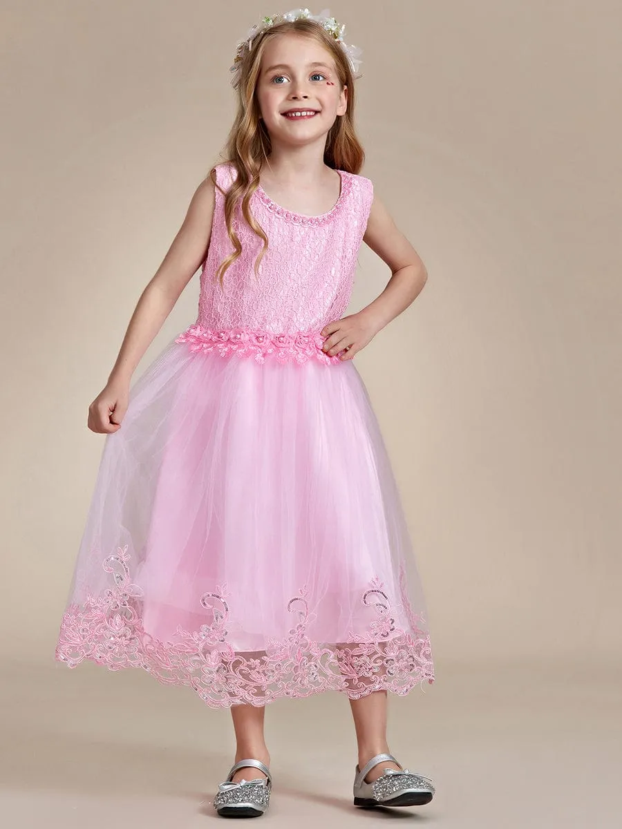 Beaded Lace Applique Sleeveless Flower Girl Dress With Back Bow-Knot