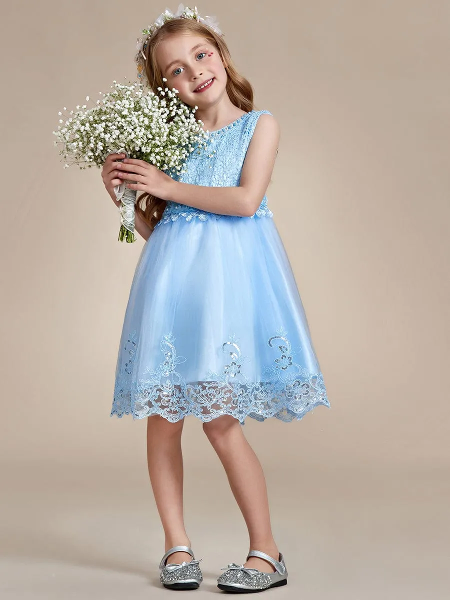 Beaded Lace Applique Sleeveless Flower Girl Dress With Back Bow-Knot