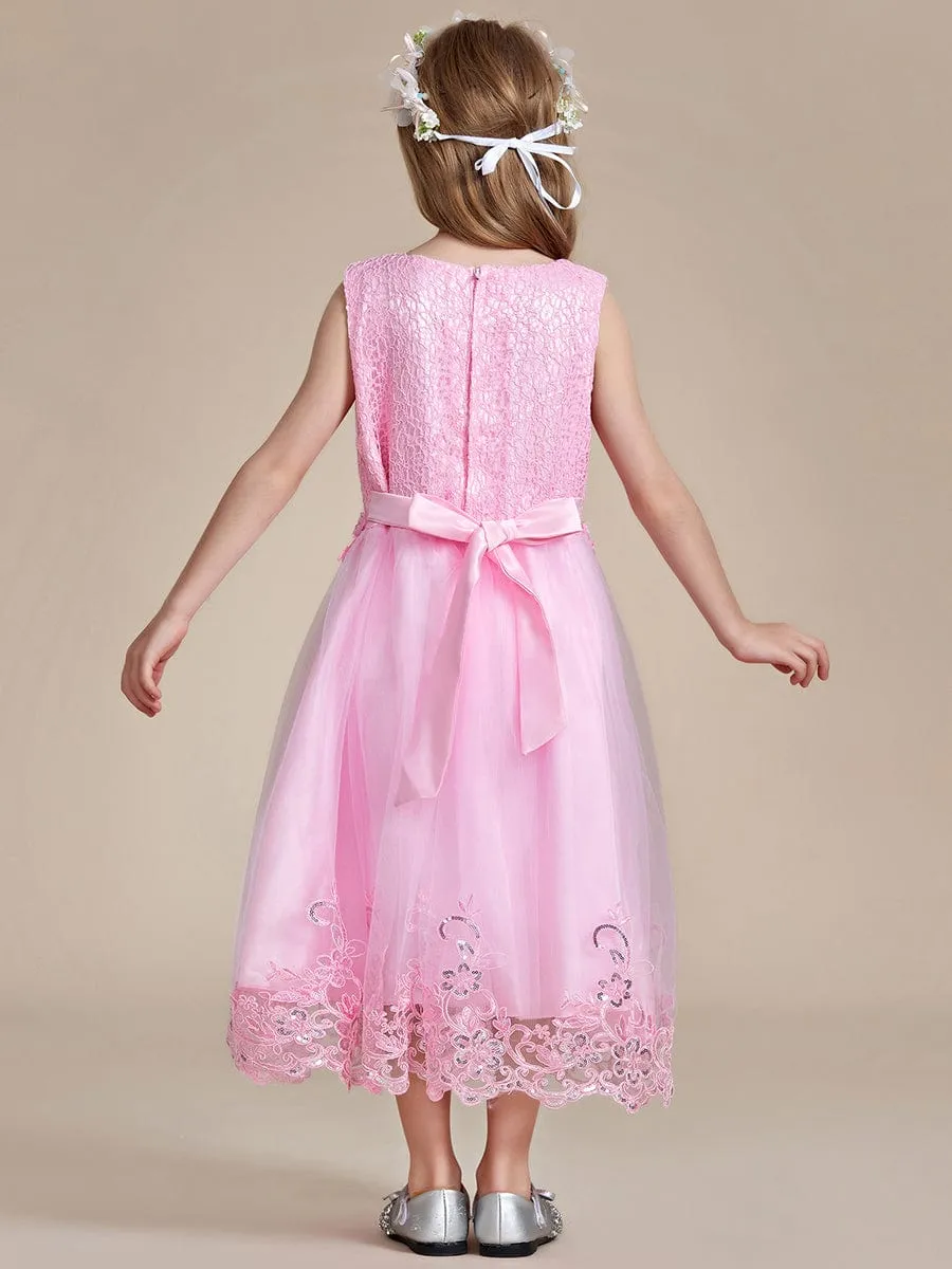 Beaded Lace Applique Sleeveless Flower Girl Dress With Back Bow-Knot