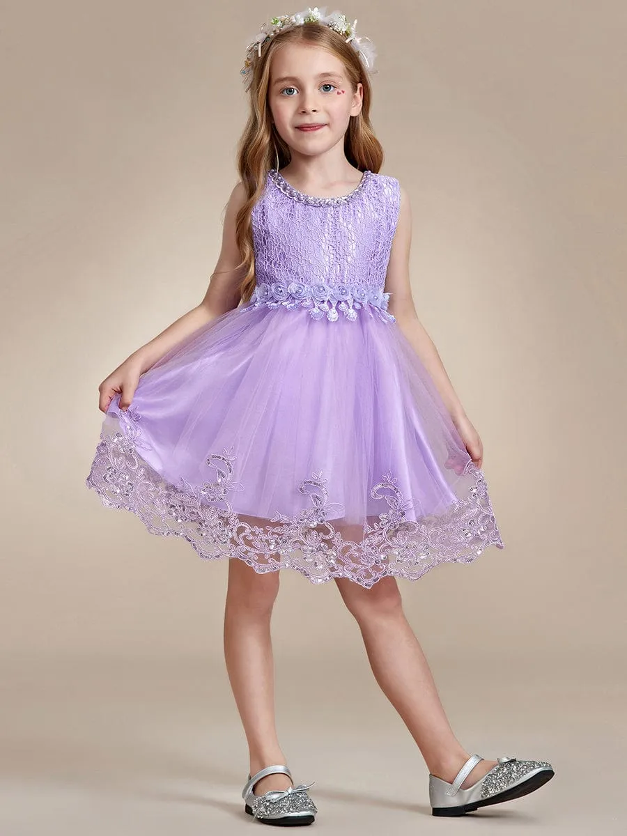 Beaded Lace Applique Sleeveless Flower Girl Dress With Back Bow-Knot