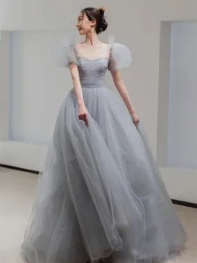 Beautiful A Line Floor Length Gray Tulle Prom Dresses, Short Sleeve Floor Length Gray Formal Evening Dresses