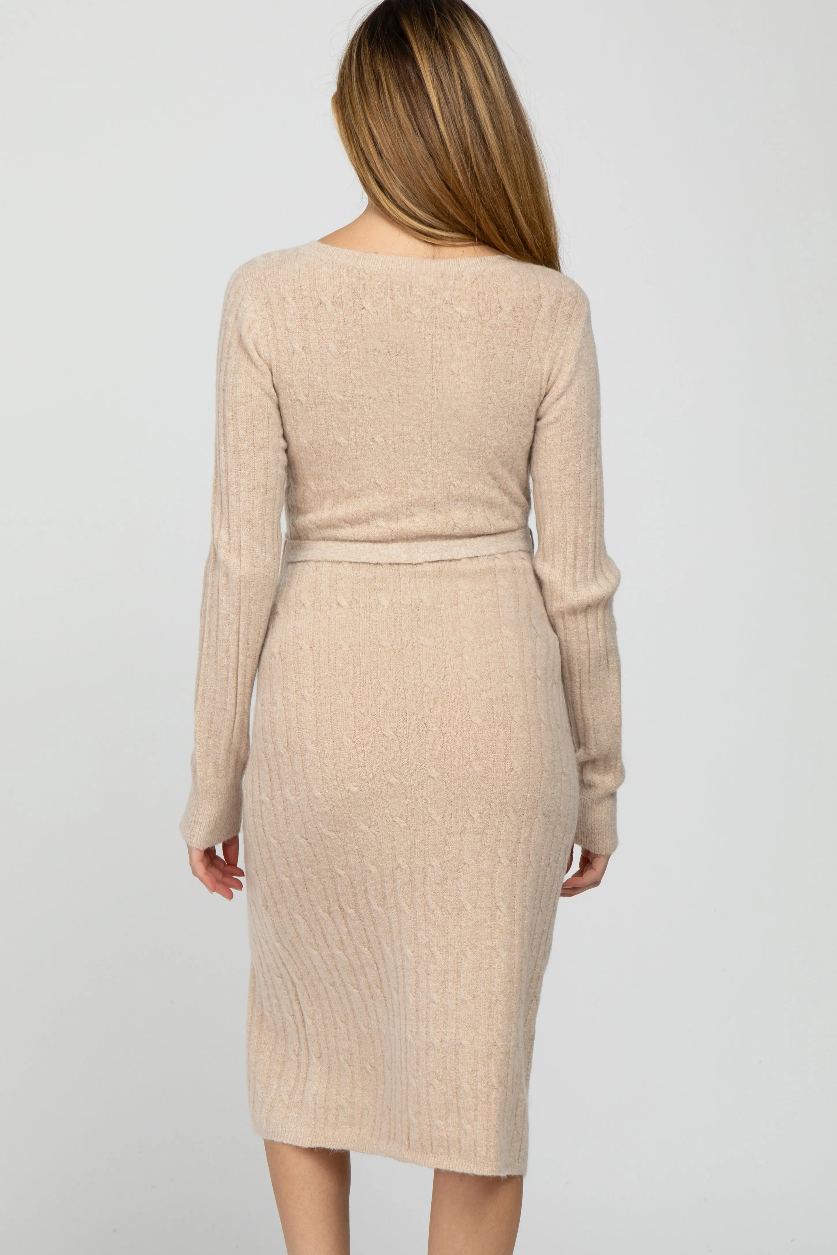 Beige Brushed Cable Knit Maternity Sweater Dress