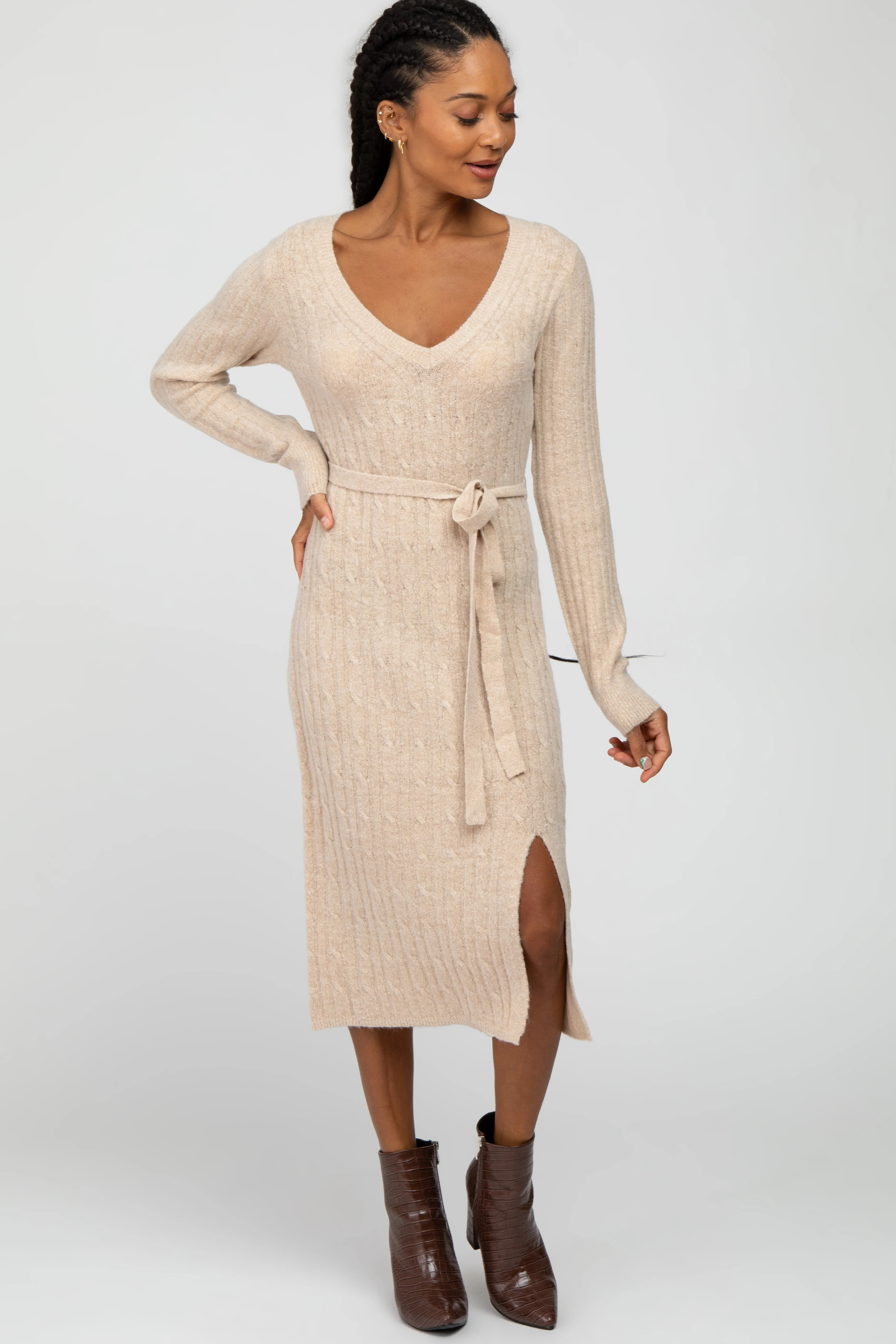 Beige Brushed Cable Knit Maternity Sweater Dress