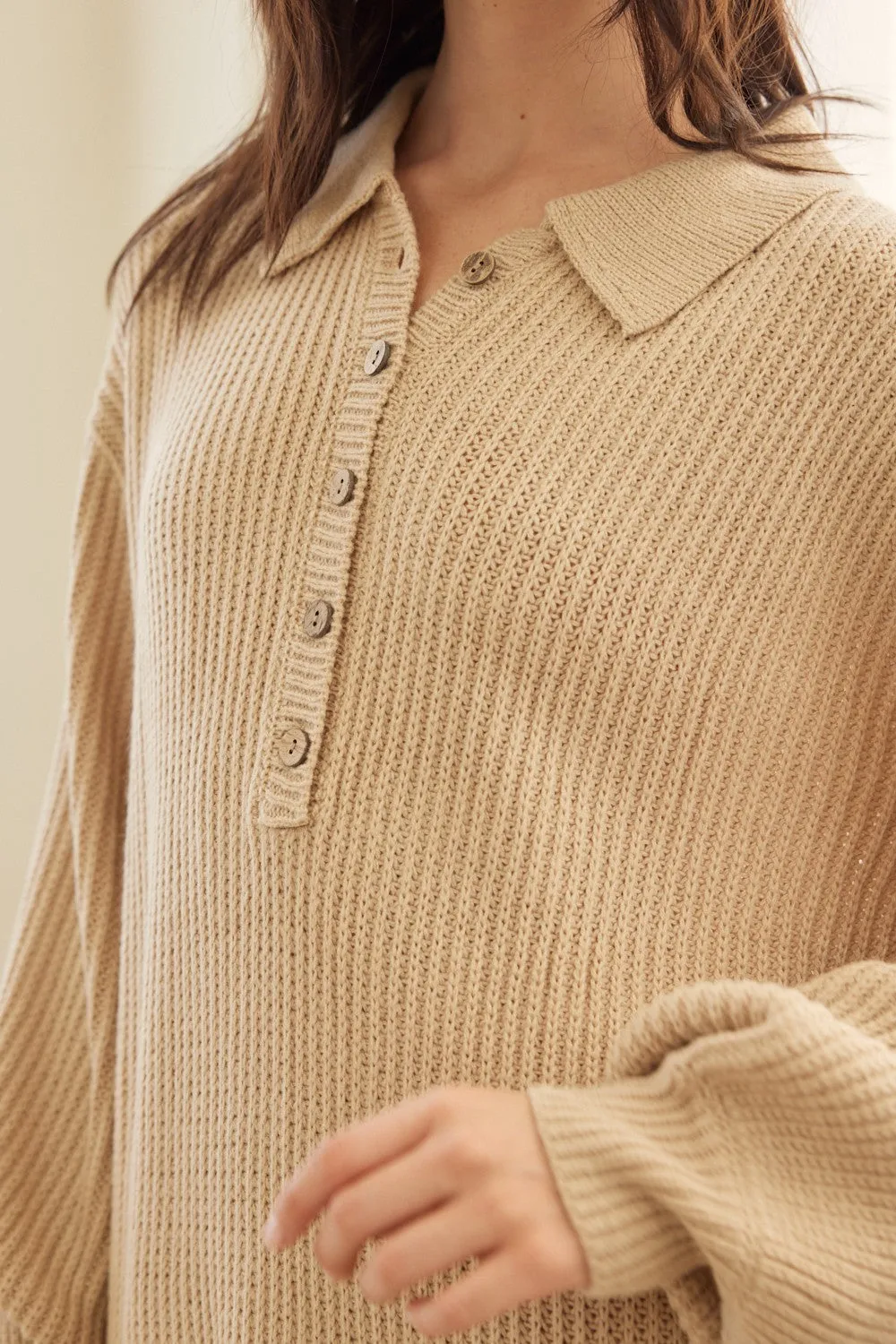 Beige Collared Button Front Sweater Dress