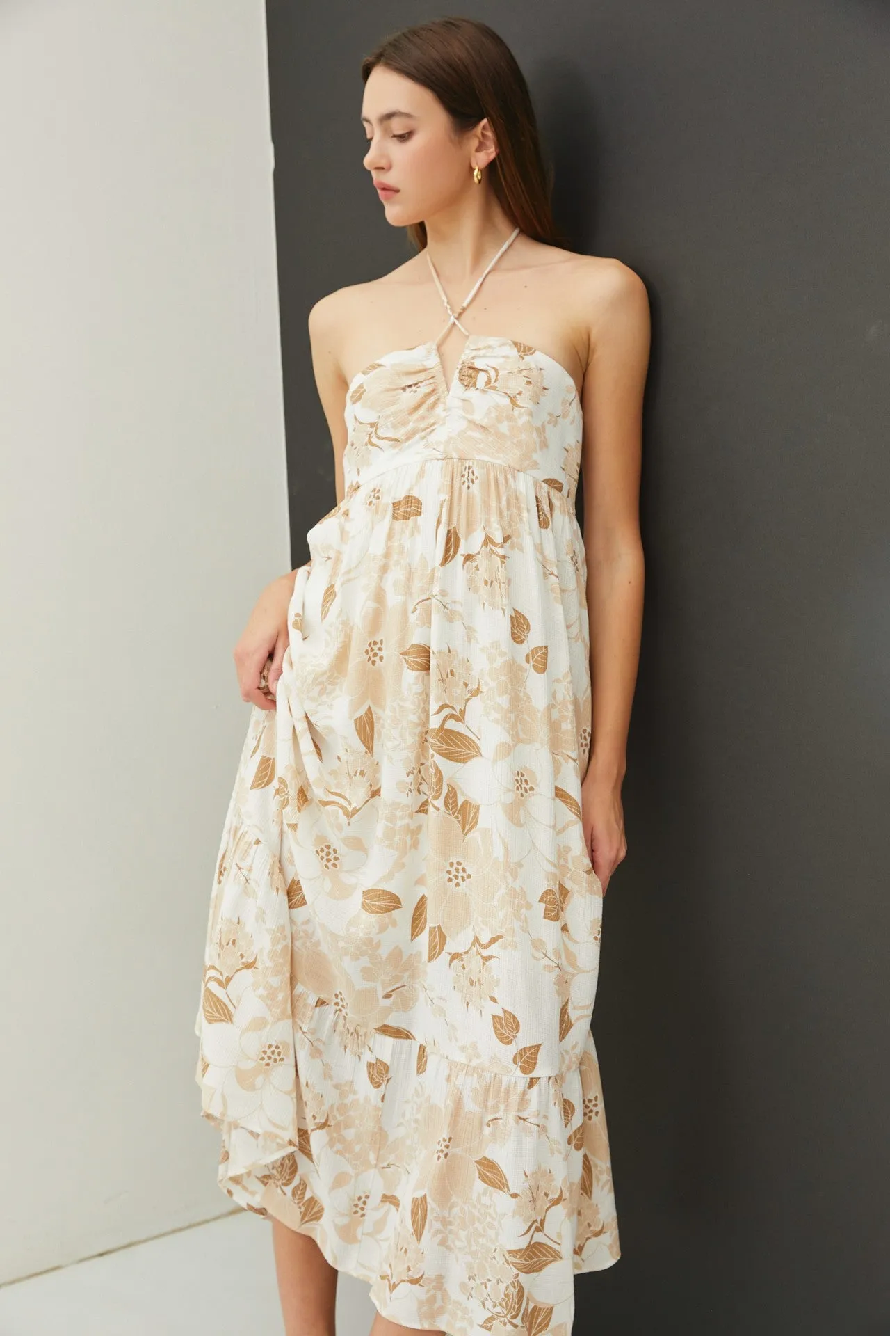 Beige Floral Ruched Front Halter Midi Dress