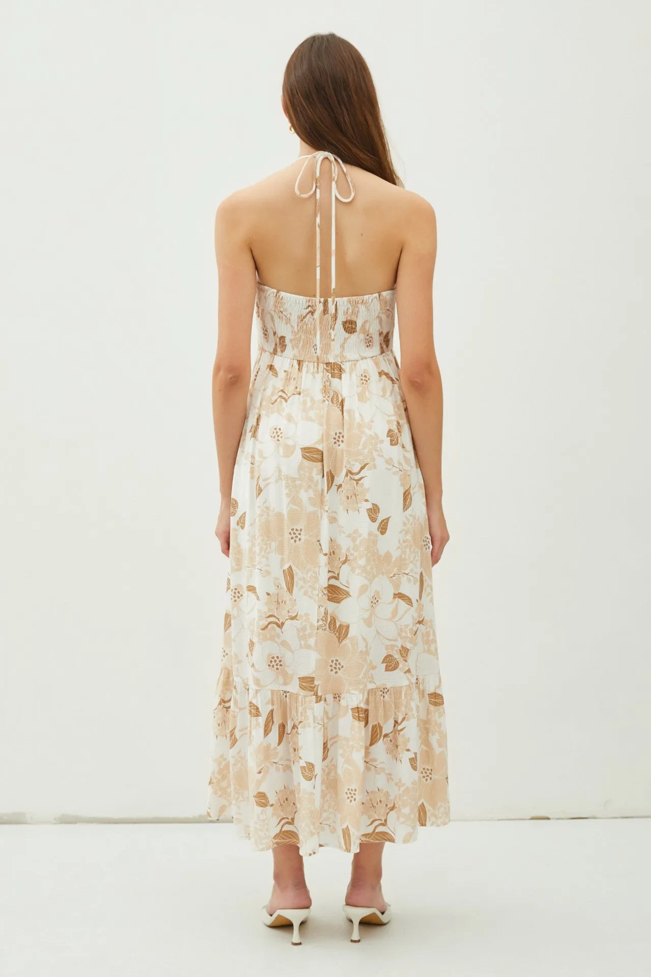 Beige Floral Ruched Front Halter Midi Dress