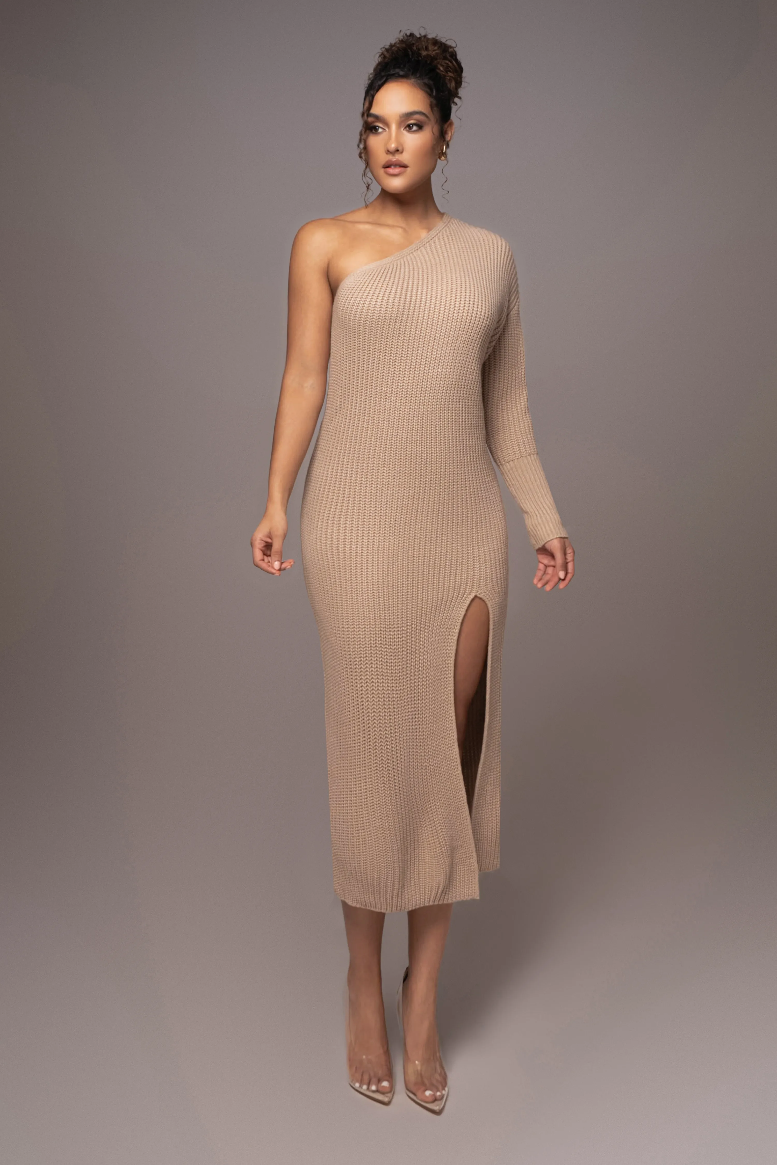 Beige Long Knit Sweater Dress