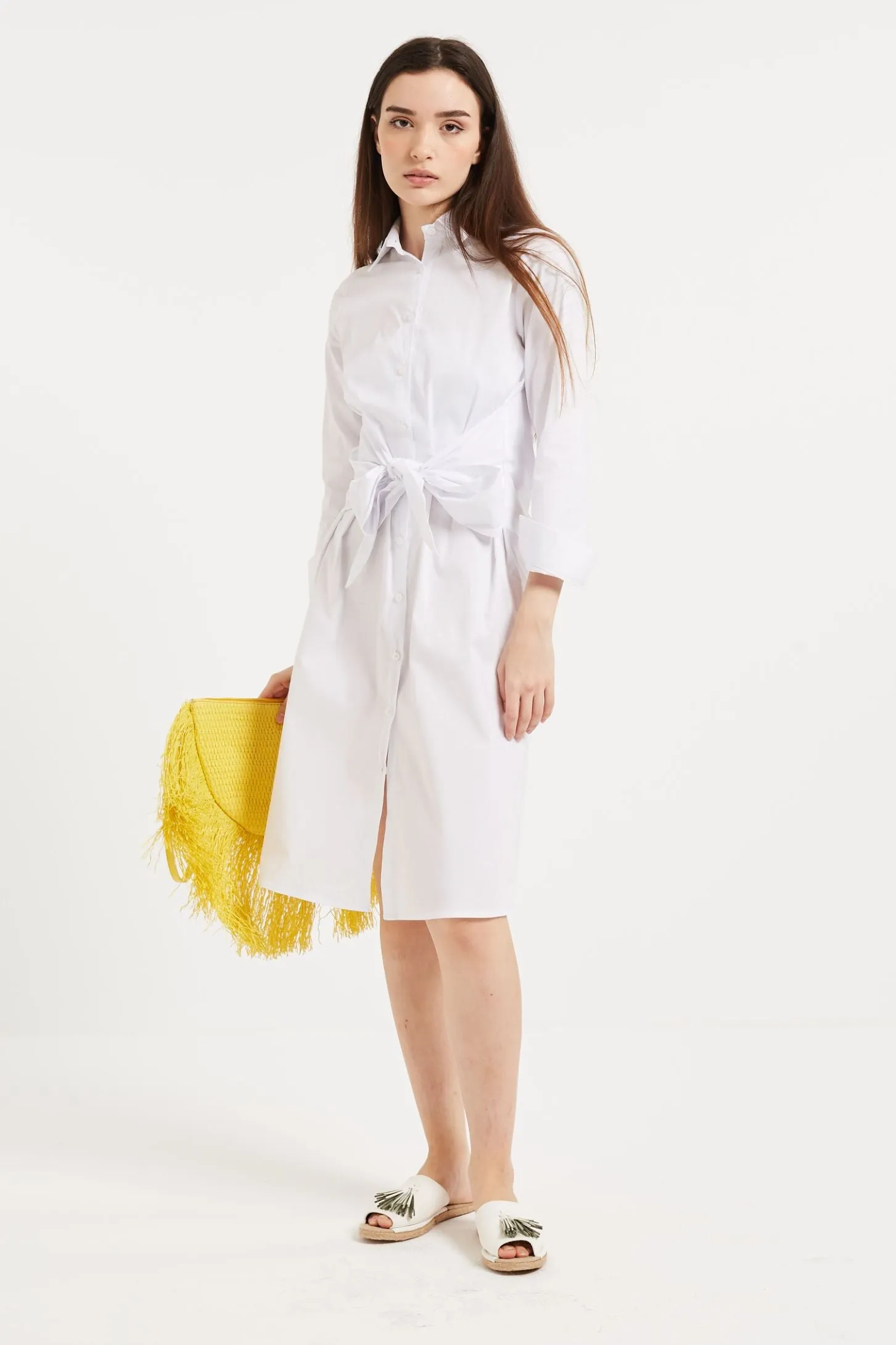 BELTED MIDI SHIRT DRESS - WHITE