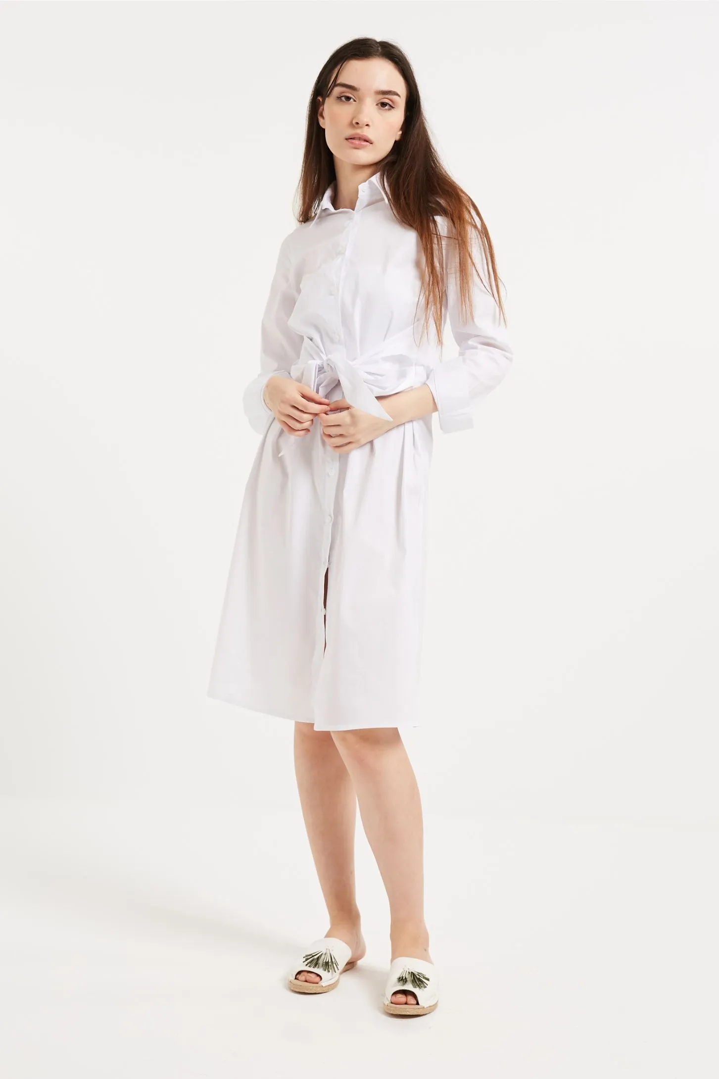 BELTED MIDI SHIRT DRESS - WHITE