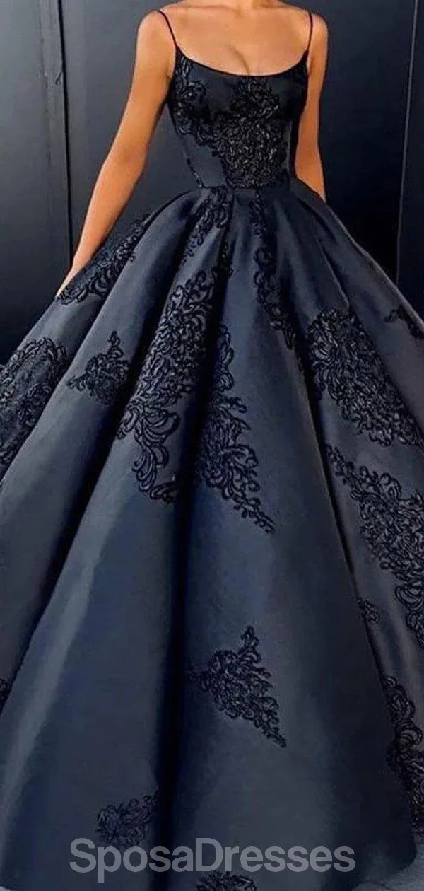 Black A-line Spaghetti Straps Ball Gown Long Evening Prom Dresses, Evening Party Prom Dresses, 12193