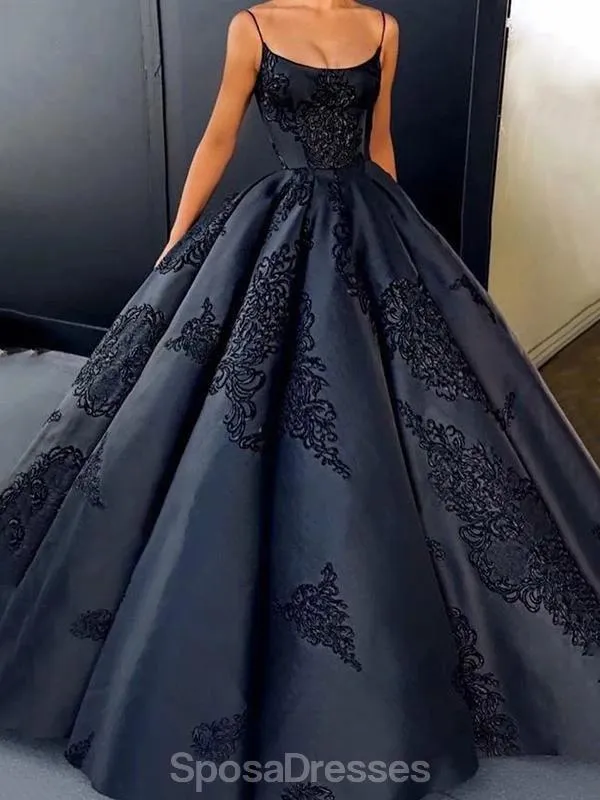 Black A-line Spaghetti Straps Ball Gown Long Evening Prom Dresses, Evening Party Prom Dresses, 12193