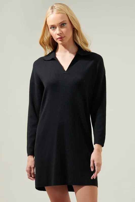 Stylish Black Collared Knit Dress