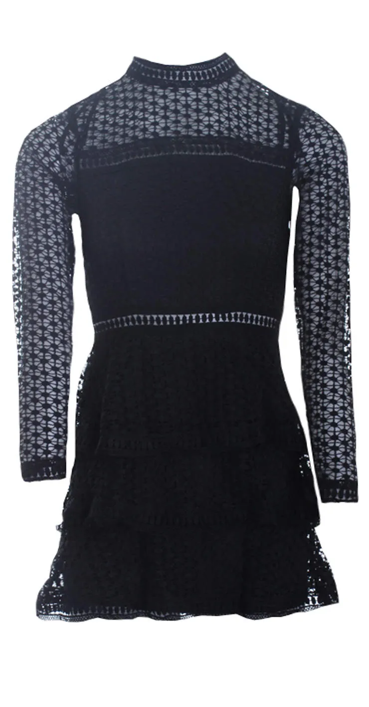 Chic Black Crochet Long-Sleeve Dress