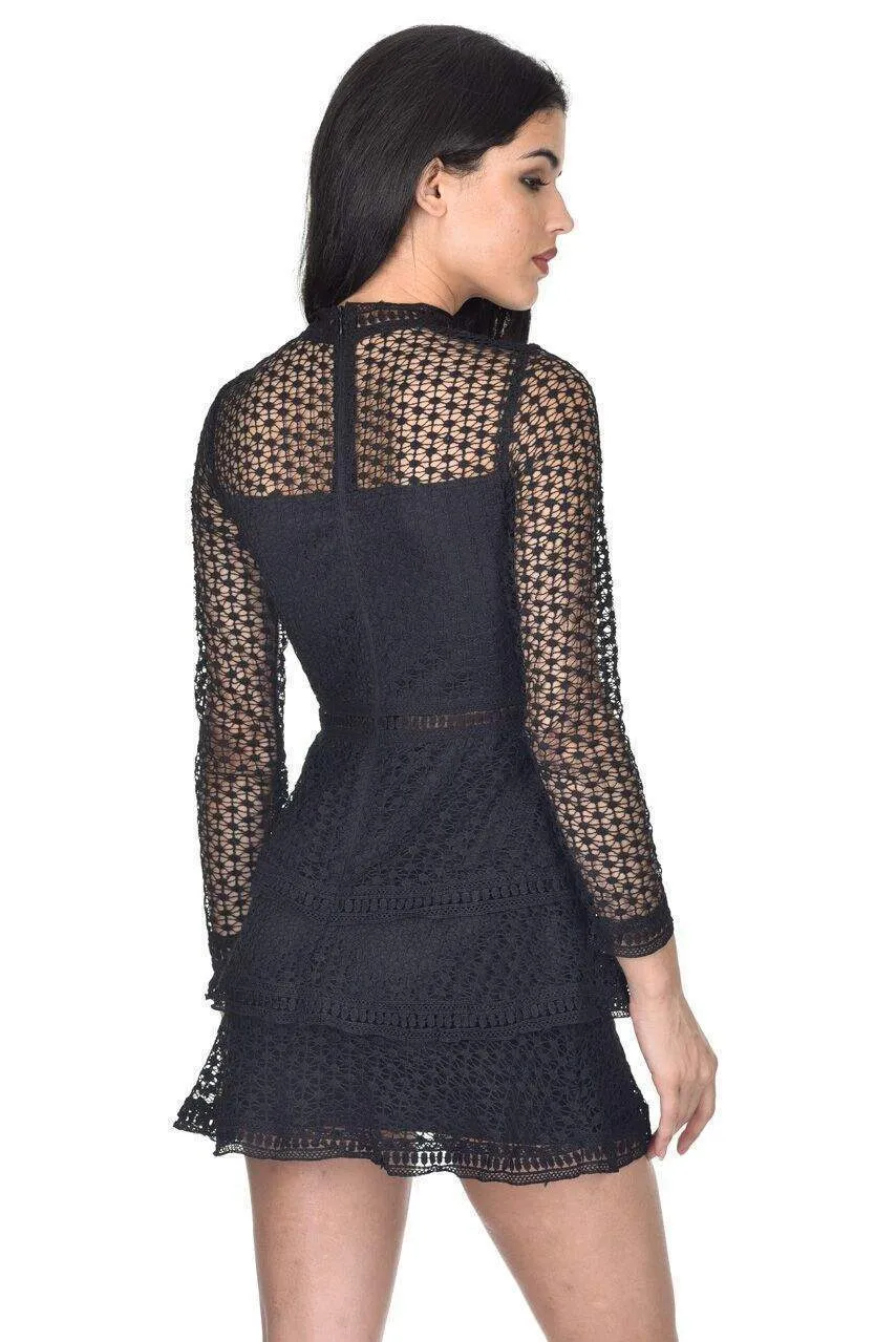 Chic Black Crochet Long-Sleeve Dress