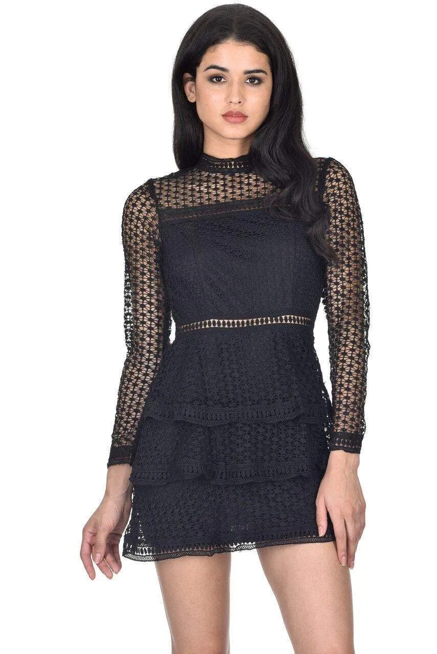 Chic Black Crochet Long-Sleeve Dress