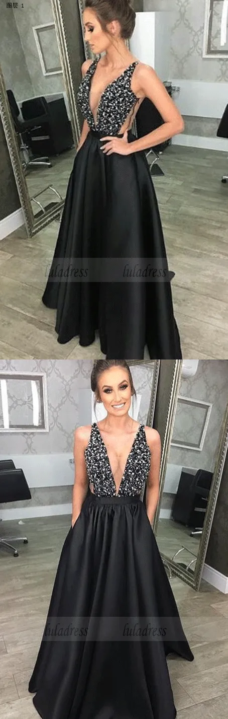 black evening gowns,satin prom dress,black prom dress,BD99686