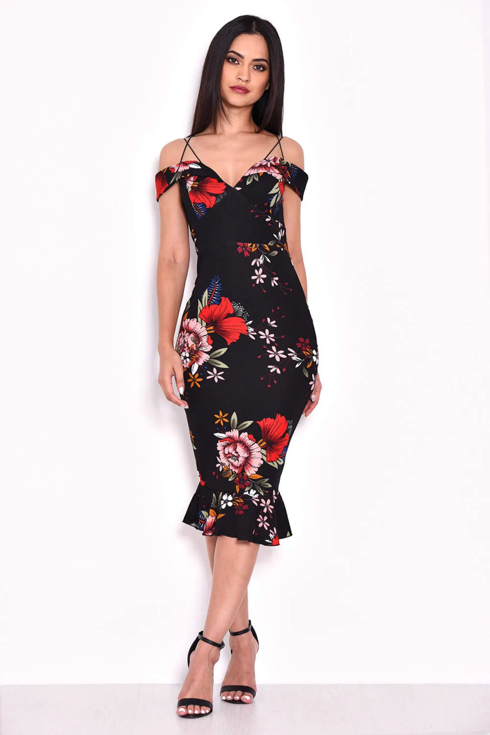 Black Floral Fishtail Midi Dress