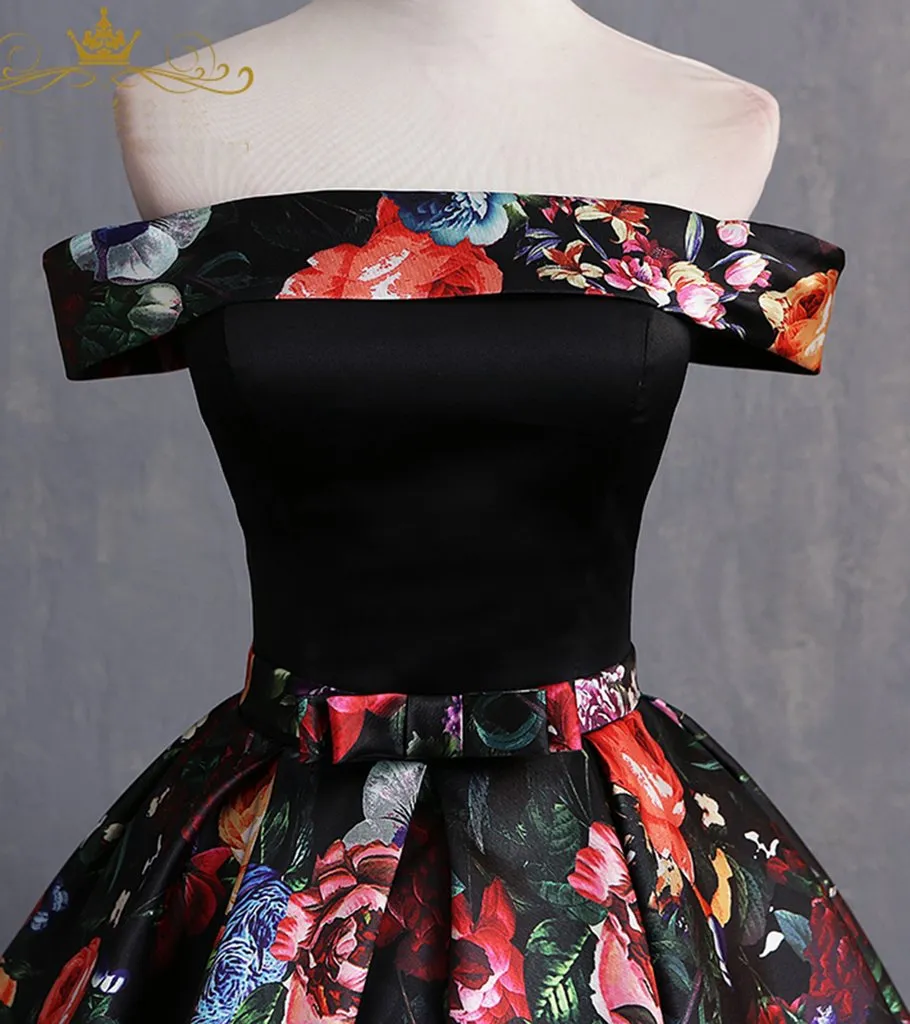 Black Floral Satin Off Shoulder Strapless Long Formal Prom Dress, Evening Dress KS7486