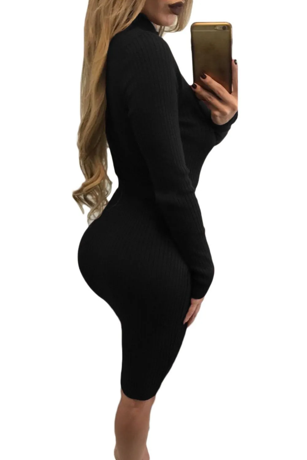 Black High Neck Ribbed Dress