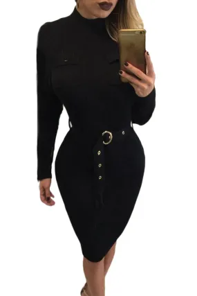 Black High Neck Ribbed Dress