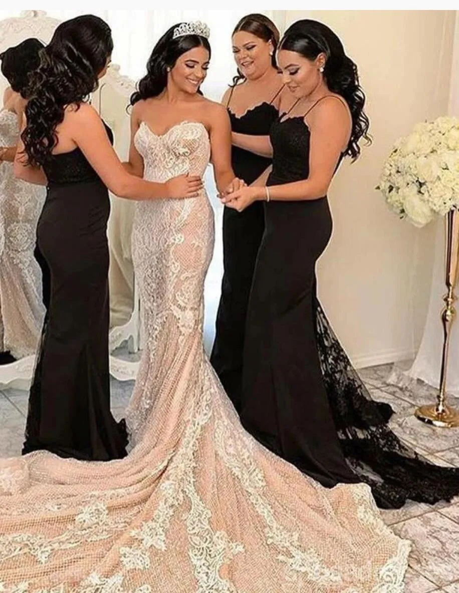 Black Lace Mermaid Cheap Long Bridesmaid Dresses Online, BD109