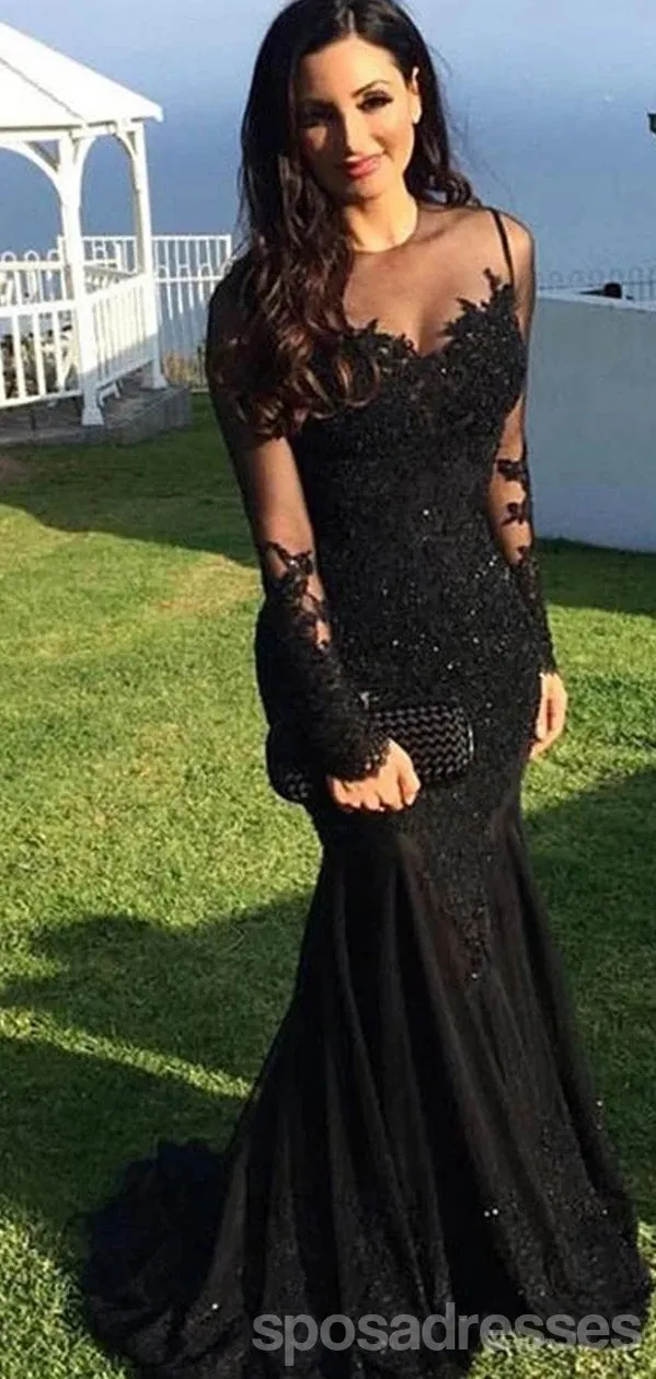 Black Mermaid Long Sleeves Jewel Party Prom Dresses, Prom Dresses With Sleeves,12536