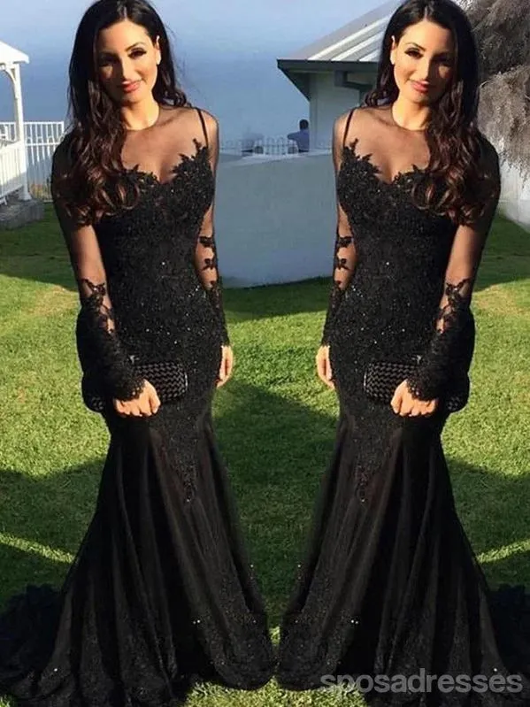 Black Mermaid Long Sleeves Jewel Party Prom Dresses, Prom Dresses With Sleeves,12536