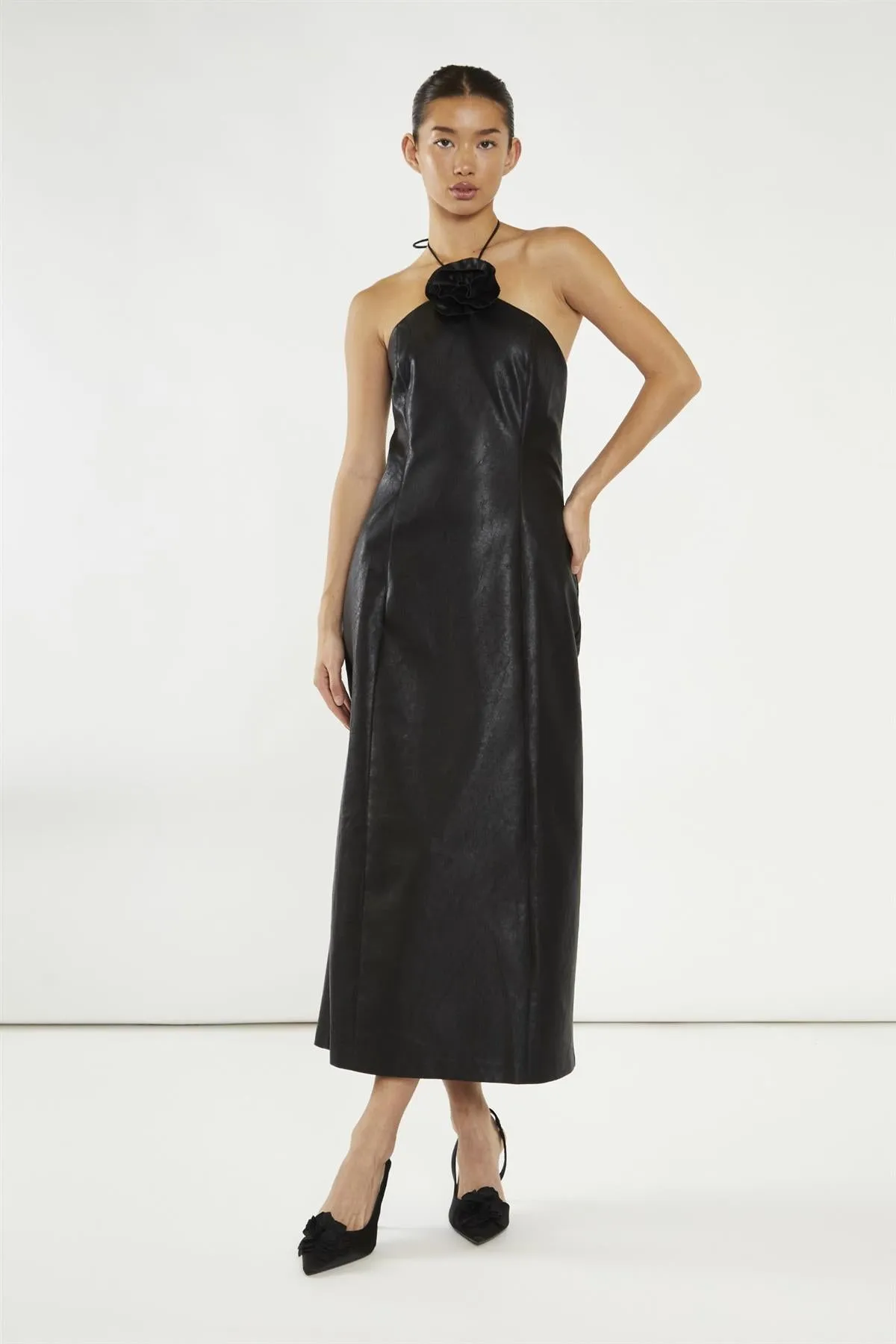 Black PU Halterneck Maxi-Dress