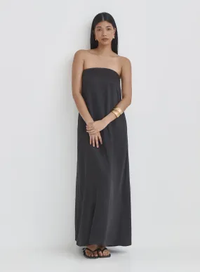 Meggans Elegant Black Satin Bandeau Maxi Dress