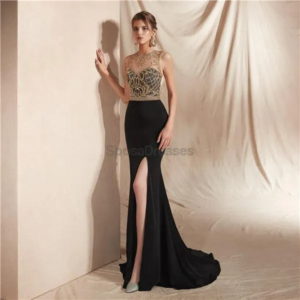 Black Skirt Gold Beaded Side Slit Sexy Mermaid Evening Prom Dresses, Evening Party Prom Dresses, 12069