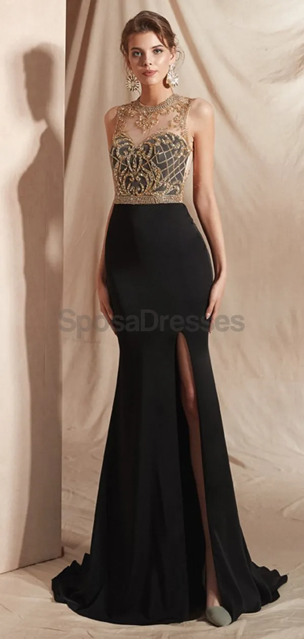 Black Skirt Gold Beaded Side Slit Sexy Mermaid Evening Prom Dresses, Evening Party Prom Dresses, 12069