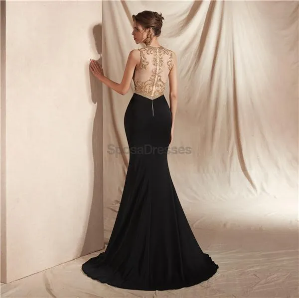 Black Skirt Gold Beaded Side Slit Sexy Mermaid Evening Prom Dresses, Evening Party Prom Dresses, 12069