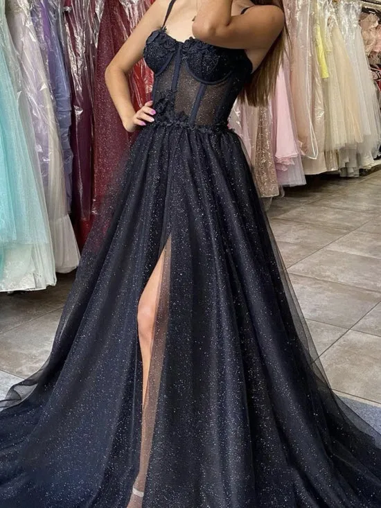 Black sweetheart neck tulle long prom dress, black tulle evening dress SH284