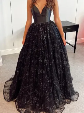 Bling Bling V Neck Black Sequins Long Prom Dresses, Backless Black Formal Dresses, Black Evening Dresses