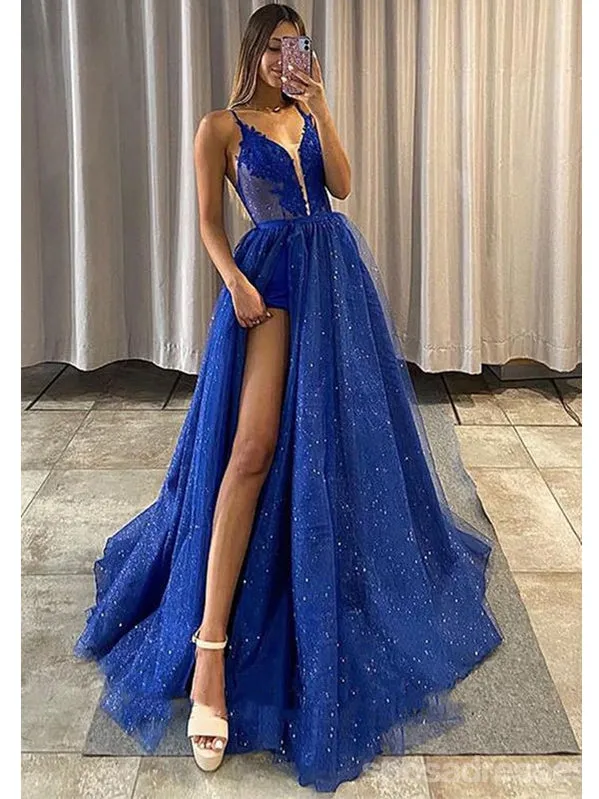 Blue A-line Spaghetti Straps High Slit Maxi Long Prom Dresses,Evening Dresses,13151