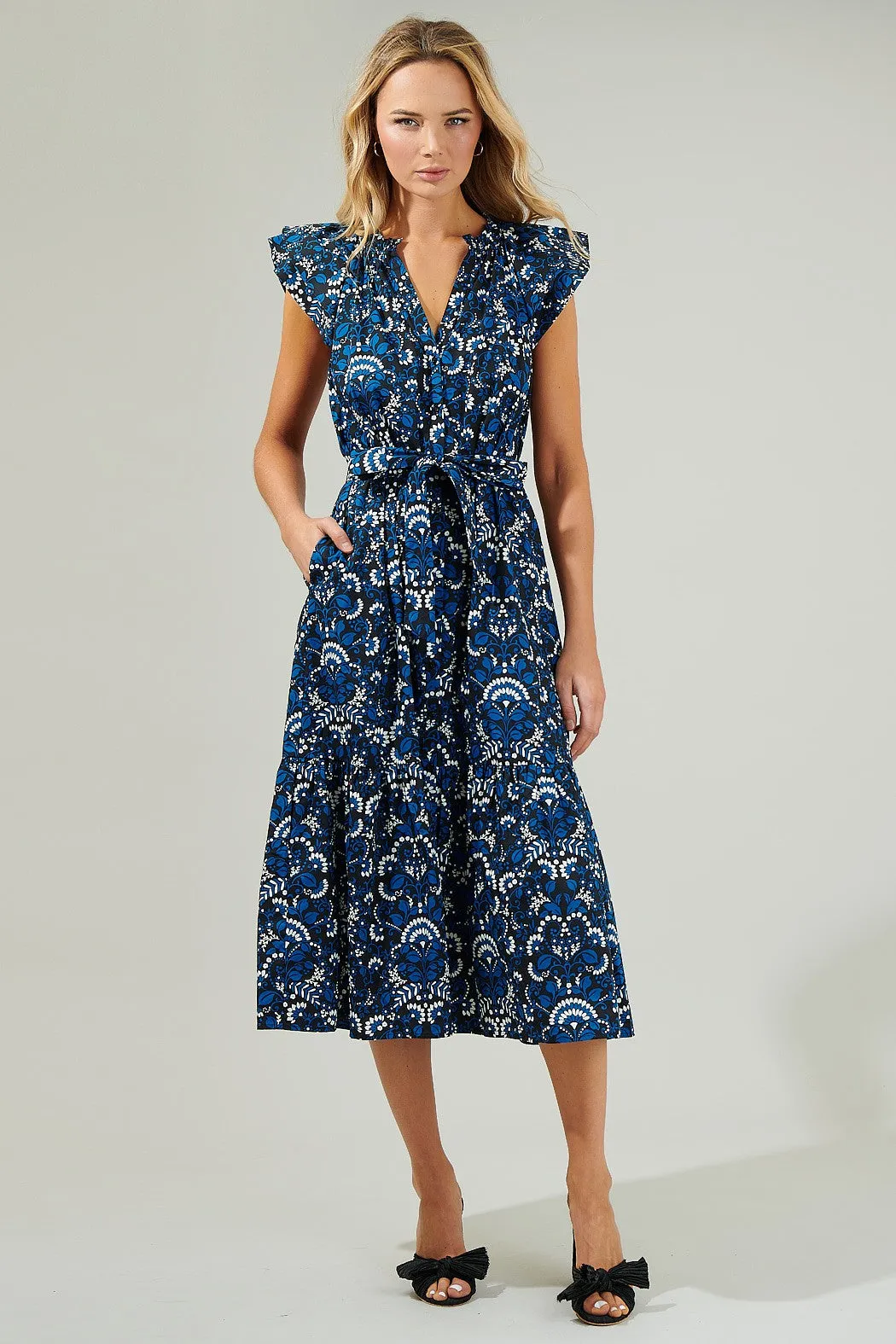 Blue & Black Printed Midi Dress