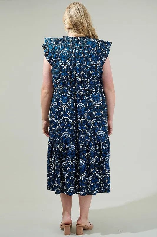 Blue & Black Printed Midi Dress